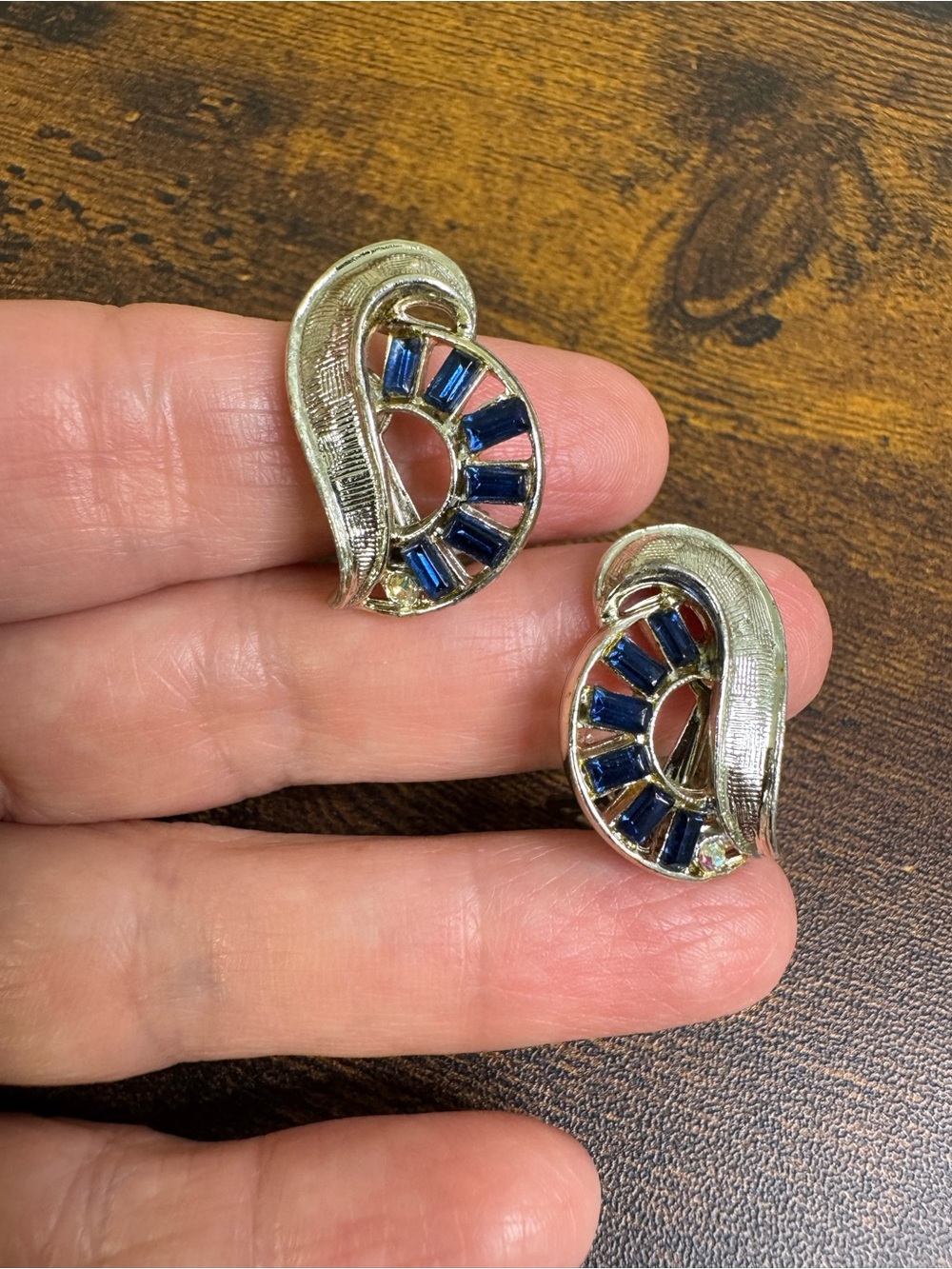 Vintage Silver-Tone Clip-On Earrings with Deep Blue Stones